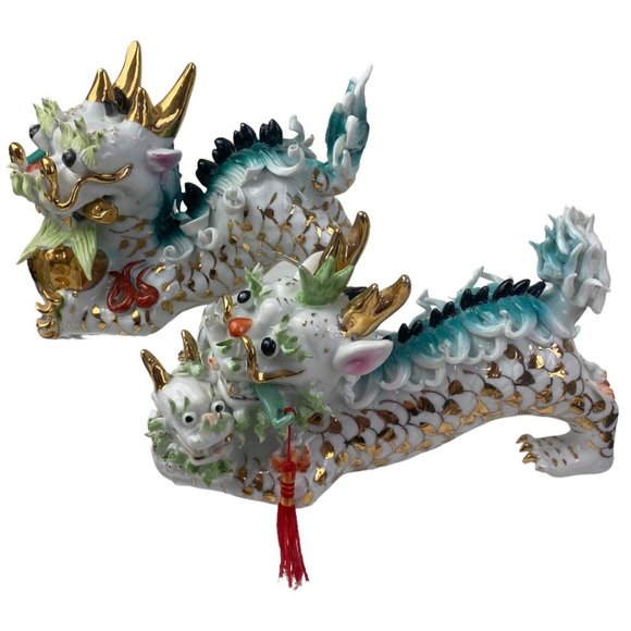Vintage Porcelain Foo Dogs Asian Temple Guardian Lion Teal w/ Gold Tone Accents - Picture 1 of 7